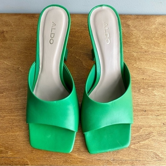 Aldo Selah Heeled Smooth Leather Mule Green Open Square Toe - Picture 4 of 13